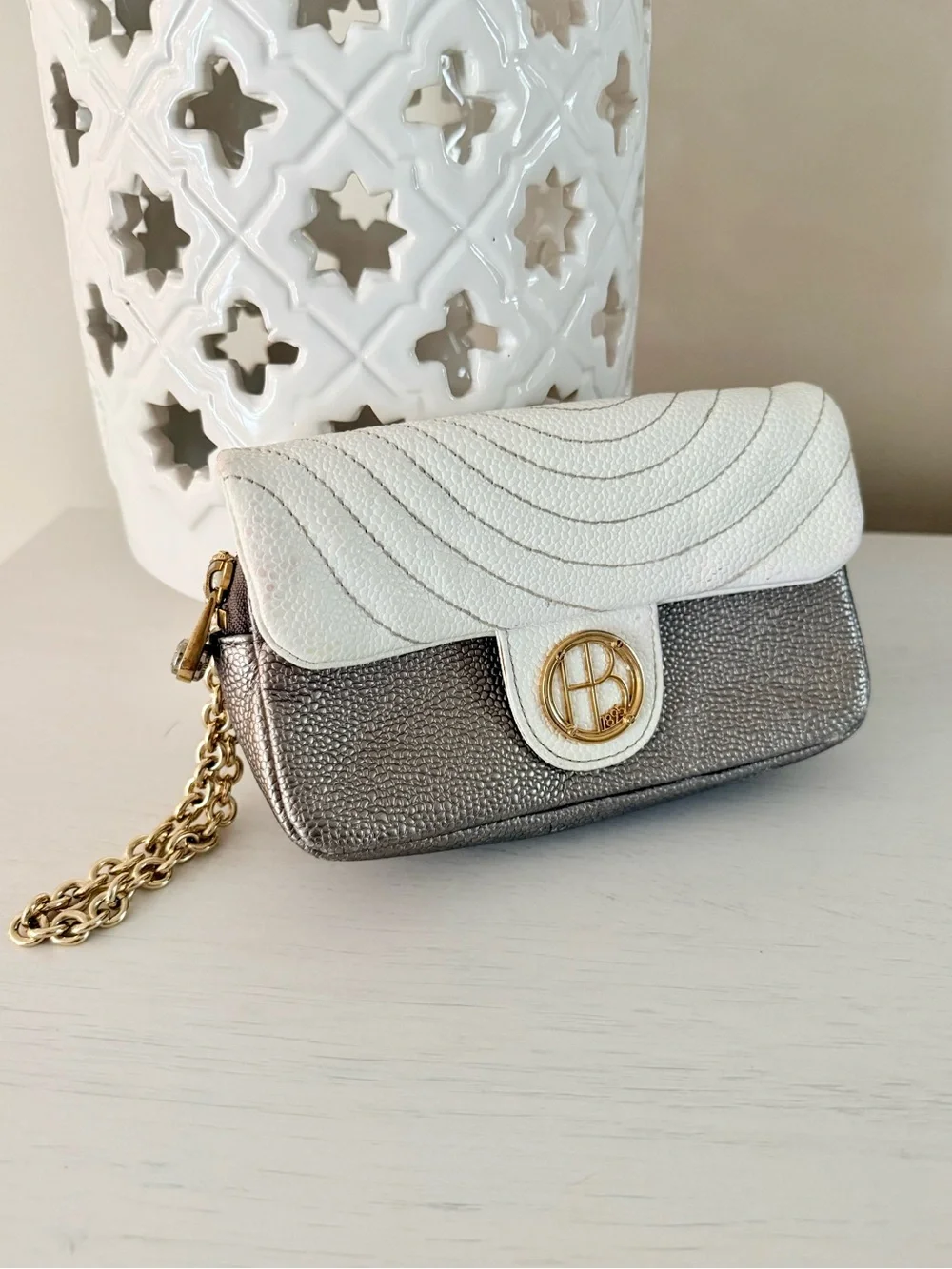 Henri Bendel Pebbled Leather Flap Clutch with Wristlet Chain
